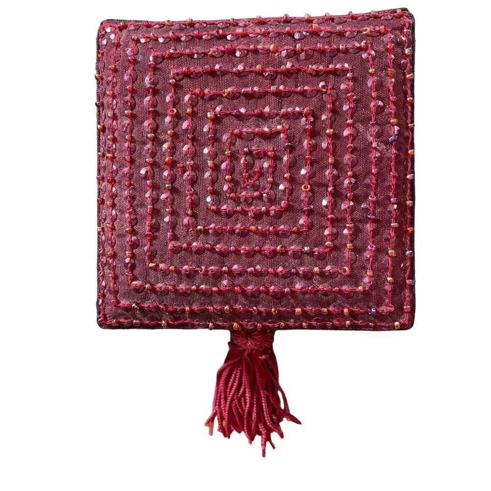 Vintage Red Jewelry Box with bead and tassel 4 x 4 x 3 mirror & removable insert